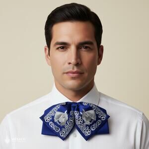 Blue Mexican Embroidered Charro Moño – Traditional Satin Mariachi Bow Tie